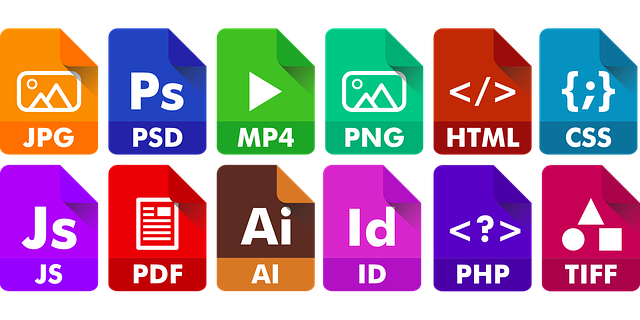 Iconos con distintas siglas de extensiones de ficheros y colores diversos.