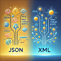 Imagen decorativa en tonos pasteles ocres con XML y JSON