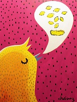 Ilustración de un pollito amarillo que parece preguntar algo.