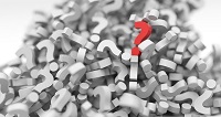 Ilustración 3D de un montón de interrogaciones de color blanco, sobre las que destaca una única interrogación en color rojo