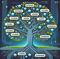 Imagen futurista representando un árbol con palabras referentes a la herencia.