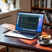Ordenador portátil abierto, sobre una mesa, con código en su pantalla, y una taza de café a la derecha del computador.