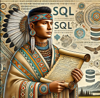 Un nativo indio con su traje tradicional sosteniendo una especie de papiro y de fondo se lee SQL.