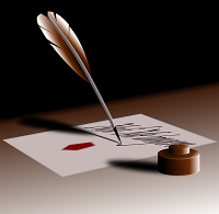 Pluma escribiendo en un papel sobre una mesa.