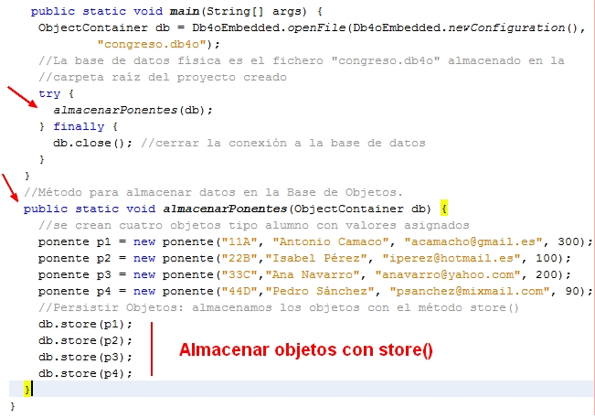 Clase Main: almacenar objetos con store()