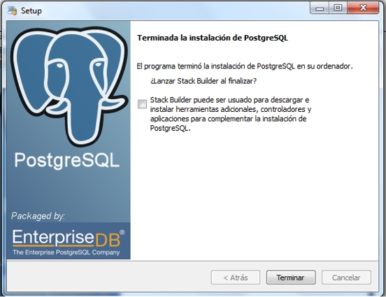 Fin de la instalación de PostgreSQL