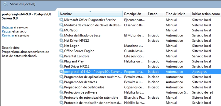 El servicio PostgreSQL