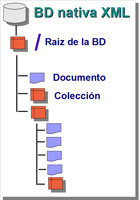 Dibujo que muestra la jerarquía de una BB nativa XML, dibujando el nodo raíz en la parte superior y después el árbol de colecciones, en rojo, y documentos, en celeste.