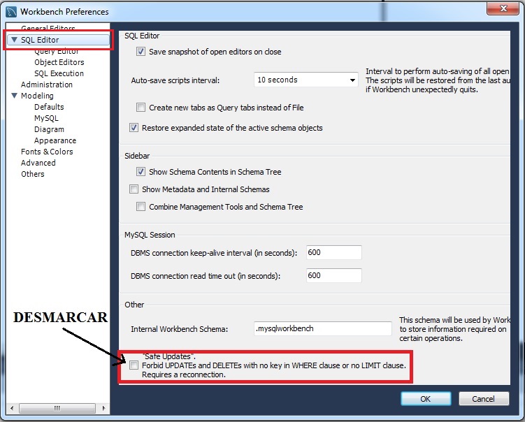 Ventana Opción Preferences