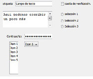 Captura de pantalla que muestra los componentes de una interfaz gráfica. En la parte superior, la palabra etiqueta seguida de un cuadro de texto. Debajo de ésta, otro cuadro de texto de tamaño superior. A la derecha, una casilla de verificación y debajo de ésta tres botones de selección. Debajo de ambos, se ven elementos para crear un menú desplegable.