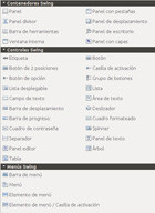 Captura de pantalla que muestra la los tipos diferentes de clases Swing a utilizar en la confección de una interfaz de usuario.