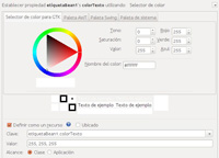 Imagen que muestra a un formulario de selección de colores. Dividida en tres pestañas, la que se muestra visible contiene un círculo cromático con un triángulo dentro de colores que van cambiando progresivamente más seis etiquetas con campos de texto para seleccionar el Tono, Saturación, Valor, Rojo, Verde y Azul. Debajo se ve una muestra del color seleccionado en seis cuadros con bordes negros.