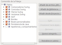 Imagen que muestra el administrador de la paleta. En la zona de la izquierda aparece el listado de categorías de componentes y a la derecha una serie de botones para añadir componentes nuevos desde las bibliotecas, desde un archivo jar o desde un proyecto y más botones para gestionar las categorías. 