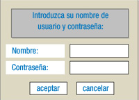 Esquema en forma rectángulo de fondo gris en cuyo interior se encuentran los siguientes elementos: en la parte superior, un rectángulo de fondo gris oscuro en cuyo interior se puede leer,de izquierda a derecha y respectivamente “ACEPTAR” Y “CANCELAR”.