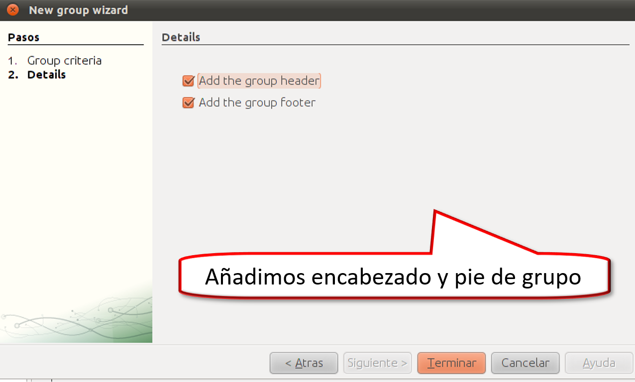 Añadimos encabezado y pie de grupo