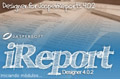 Aparece el nombre de la herramienta, iReport y la versión, 4.0.2, dibujado en trazos blancos sobre un fondo de folios impresos en colores degradados del marrón al azul.