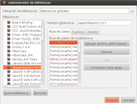Ventana de NetBeans para añadir bibliotecas. En la zona superior aparece la ubicación de las bibliotecas que es bibliotecas globales, a la izquierda el listado de bibliotecas, entre las que aparece destacada JasperReports 3.0.1, y a la derecha los diferentes paquetes que contiene y un conjunto de botones para agregar archivos .jar o carpetas, eliminar, subir o desplazar hacia abajo. En la zona inferior aparecen botones para crear una nueva biblioteca o eliminarla y los botones de aceptar o cancelar.