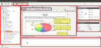 Captura de pantalla de la interfaz de la herramienta iReport en la que se remarcan con cuadros de color rojo las zonas en las que se divide.