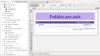 Aparece el diseño de un informe, junto con el inspector de variables. El informe tiene como título “Pedidos por país”. A continuación aparecen los texto Pais y  Número de pedidos debajo de los cuales aparecen dos campos de texto con los valores $F{PAis} y $F{NPedidos}. Finalmente debajo hay  una etiqueta con el texto “Total de pedidos” junto a un campo de texto con $V{NPedidos_1} como valor.