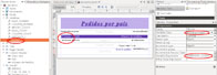 Se aprecia el inspector de informe, el diseño y la hoja de propiedades. En el inspector de informes aparece una variable llamada Nlinea rodeada de rojo, en el diseño se destaca una etiqueta de nombre Nlinea y un campo de texto con $V{NLinea} rodeados de rojo y en la hoja de propiedades se destaca la propiedad Variable class que es java.lang.integer,  y la propiedad Variable Expression, que es $V{REPORT_COUNT}, también con círculos rojos.