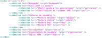 Captura de pantalla del contenido del fichero índice de un sistema de ayuda generado por JavaHelp. 