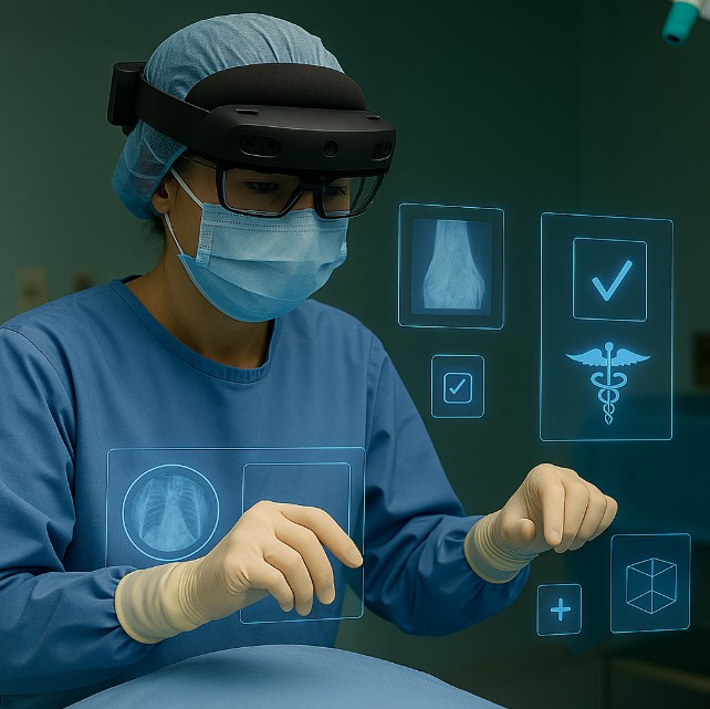 Médica realizando operación de cirujía utilizando realidad aumentada