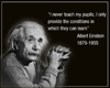 Se muestra el mensaje de Albert Einstein “I never teach my pupils, I only provide the conditions in which they can learn”.