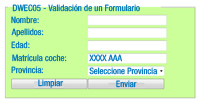 Gráfico en el que se ve un formulario con varios campos de texto y un campo seleccionable que será el formulario que se validará en el código de ejemplo del apartado 4.1 de DWEC05.