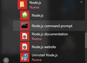 Menú inicio Windows 10 con node.js