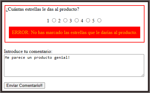 Imagen que muestra un formulario con algunos datos reiyectados, concretamente, los datos del comentario.