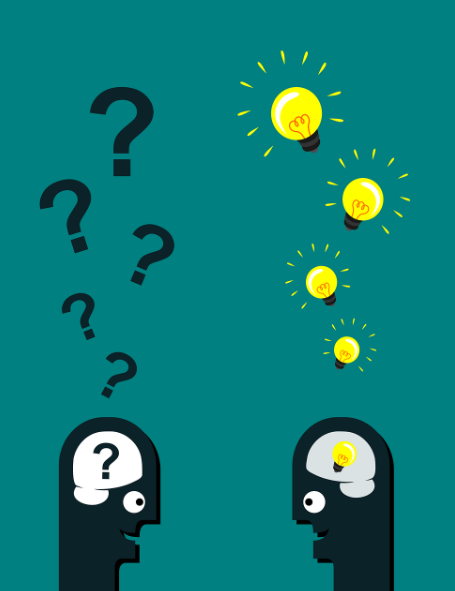 Imagen que ilustra dos personas: una haciendo preguntas y otra dando soluciones.