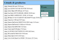 Captura de la página web de listado de productos. Se muestra una lista con una línea por cada producto, y en la zona derecha la lista de productos que se han seleccionado para comprar. En esa zona figuran do botones, uno para vaciar la lista y otro para realizar la compra.