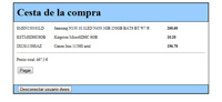 Captura de la página web de la cesta de la compra. Se muestras una lista con los productos a comprar. Debajo de ésta se muestra el precio total y un botón para realizar el pago. En la parte inferior de la página figura un botón para desconectar al usuario.