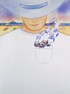 Dibujo de una persona con un ordenador de tamaño minúsculo en el bolsillo de la camiseta.