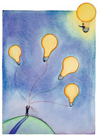 Dibujo de una persona sosteniendo varias bombillas gigantes, y otra más viajando en un globo con forma de bombilla.