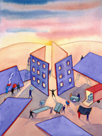 Dibujo de varias personas, uniendo los trozos de la estructura de una casa.