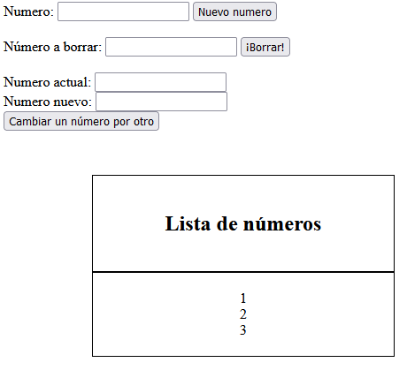 Ejemplo de interfaz de la aplicación web para gestionar una lista de números almacenada en la sesión, con operaciones para insertar un nuevo número, borrarlo o modificar uno existente. 