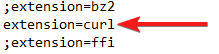 Imagen que muestra como está habilitanda la extensión cURL en el archivo php.ini descomentando la línea que pone 