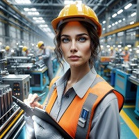 Mujer trabajando en fábrica mirando de frete y con casco amarillo