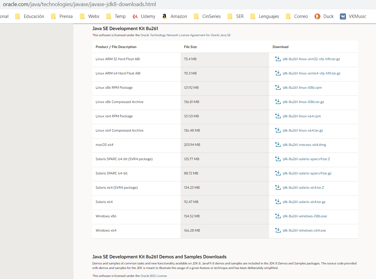 Zona de descargas para Java en la web de Oracle.