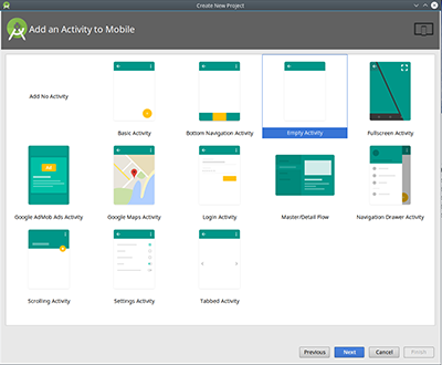 Imagen en la que se muestran las distintas actividades que por defecto ofrece Android Studio