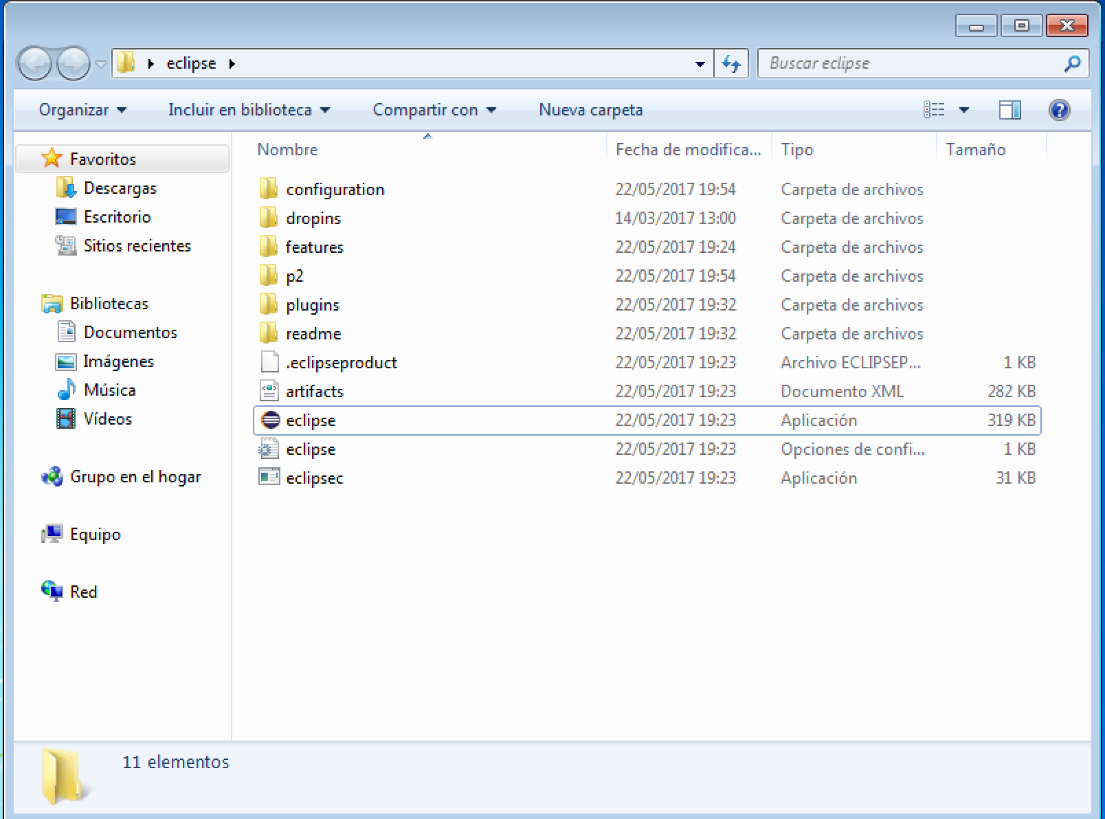 Carpeta de Eclipse en Microsoft Windows