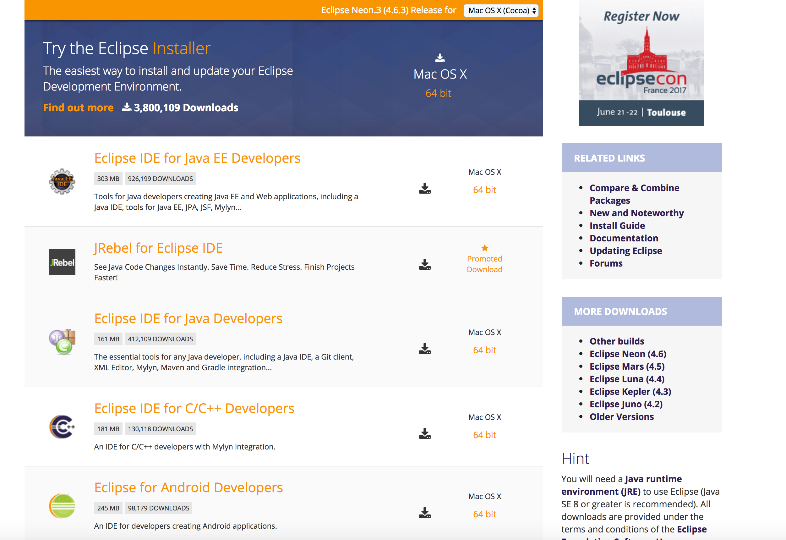 Opciones de descargas de la página eclipse en mayo de 2017