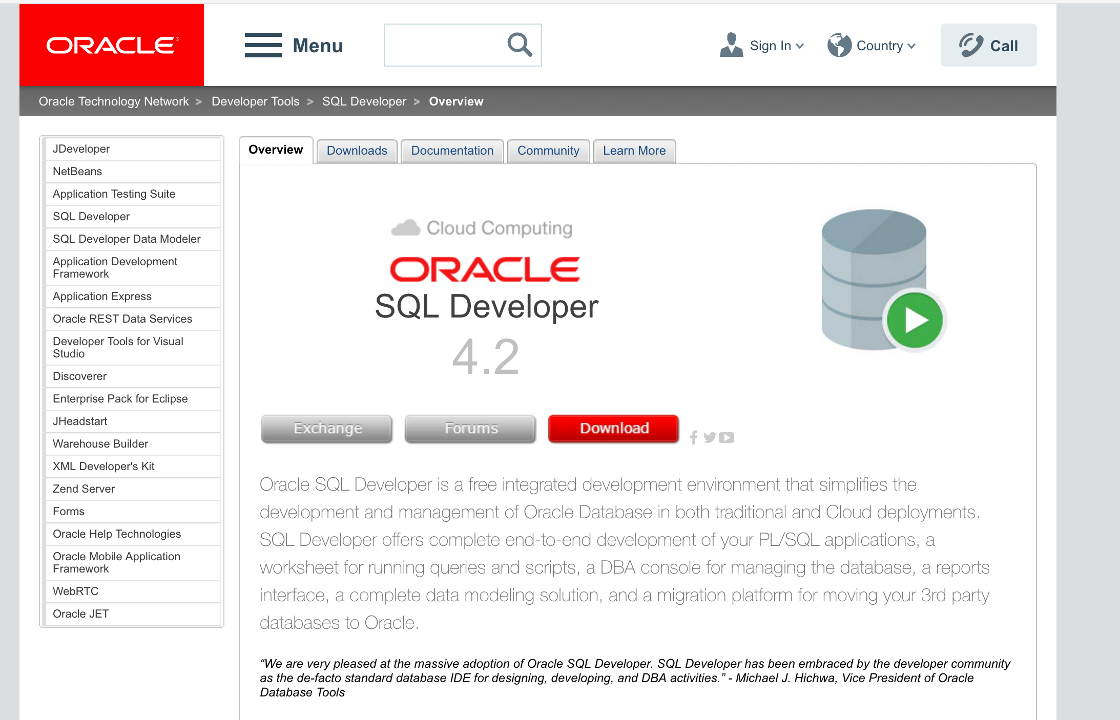 Zona de descarga del SQL Developer dentro de la web de Oracle