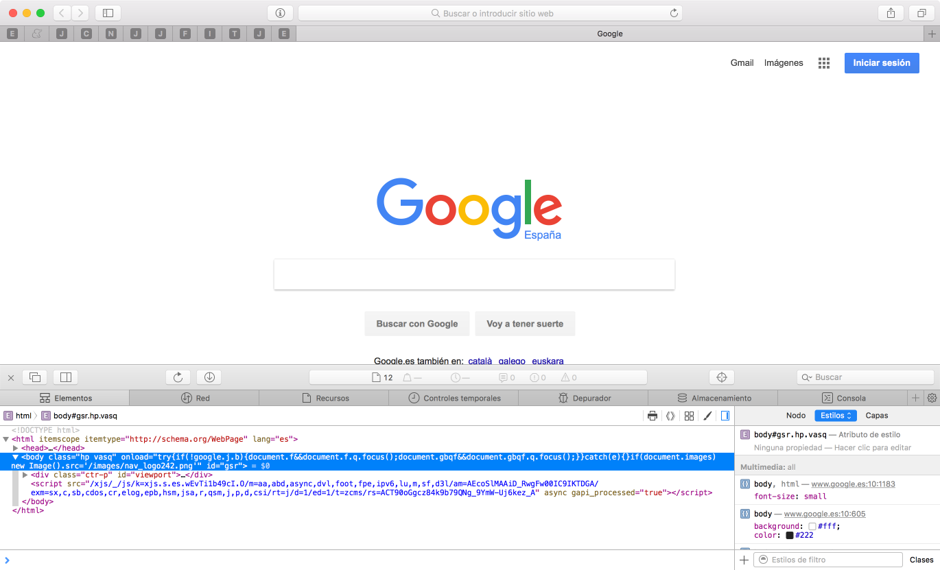 Inspector web en Safari