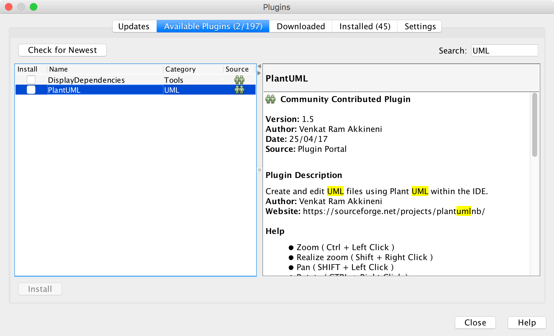 Ventana para gestionar los plugins de Netbeans
