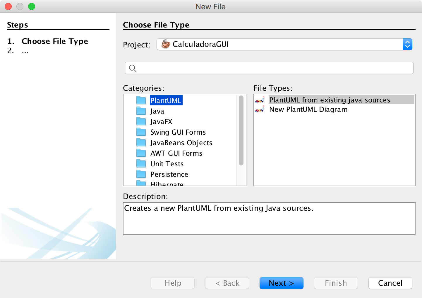 Pantalla de NetBeans donde se permite crear un nuevo diagrama UML.