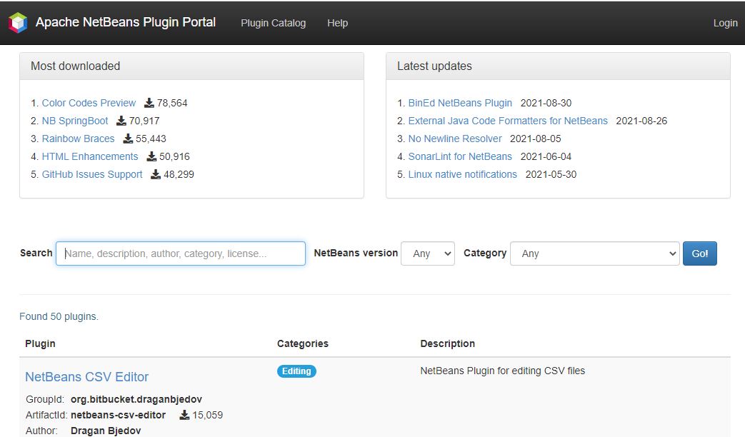 Zona de Plugins de la página de NetBeans.