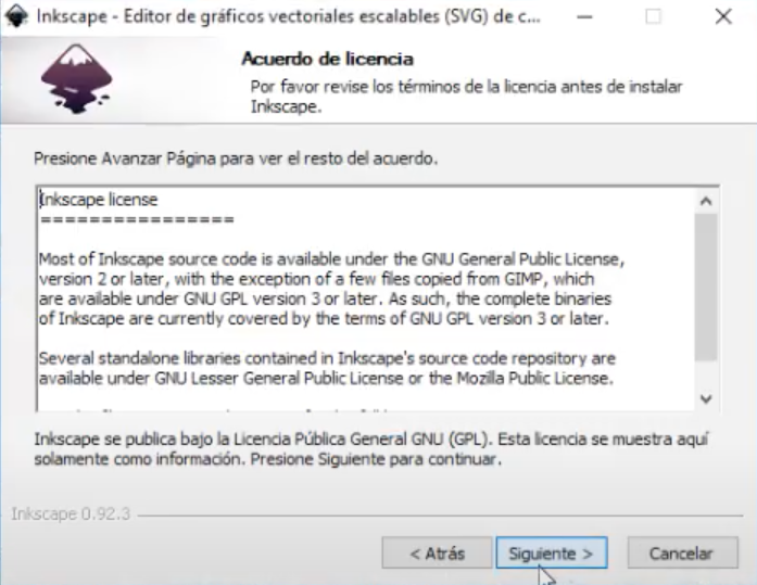Instalación Inkscape. Acuerdo de licencia.