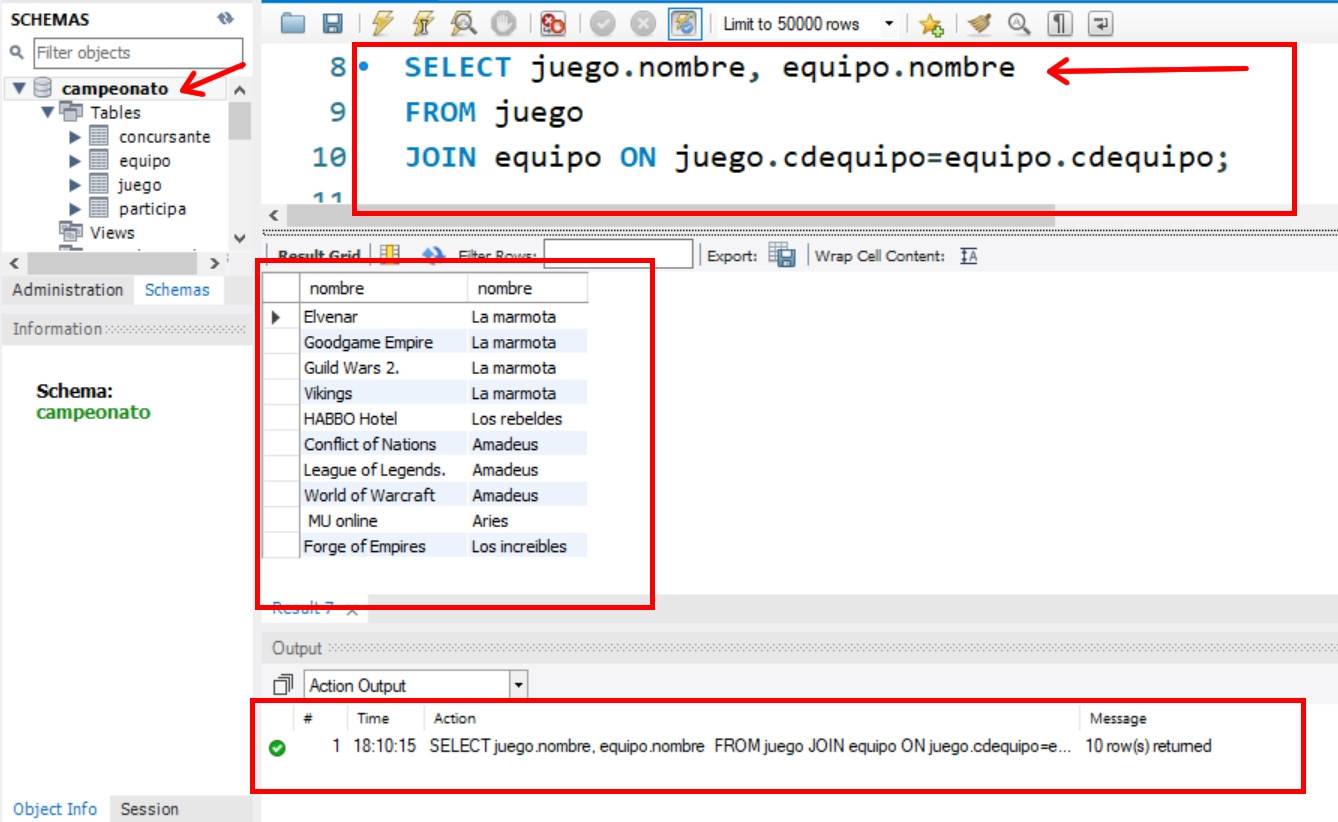 Ilustración de una consulta select y su resultado de ejecución en Workbench